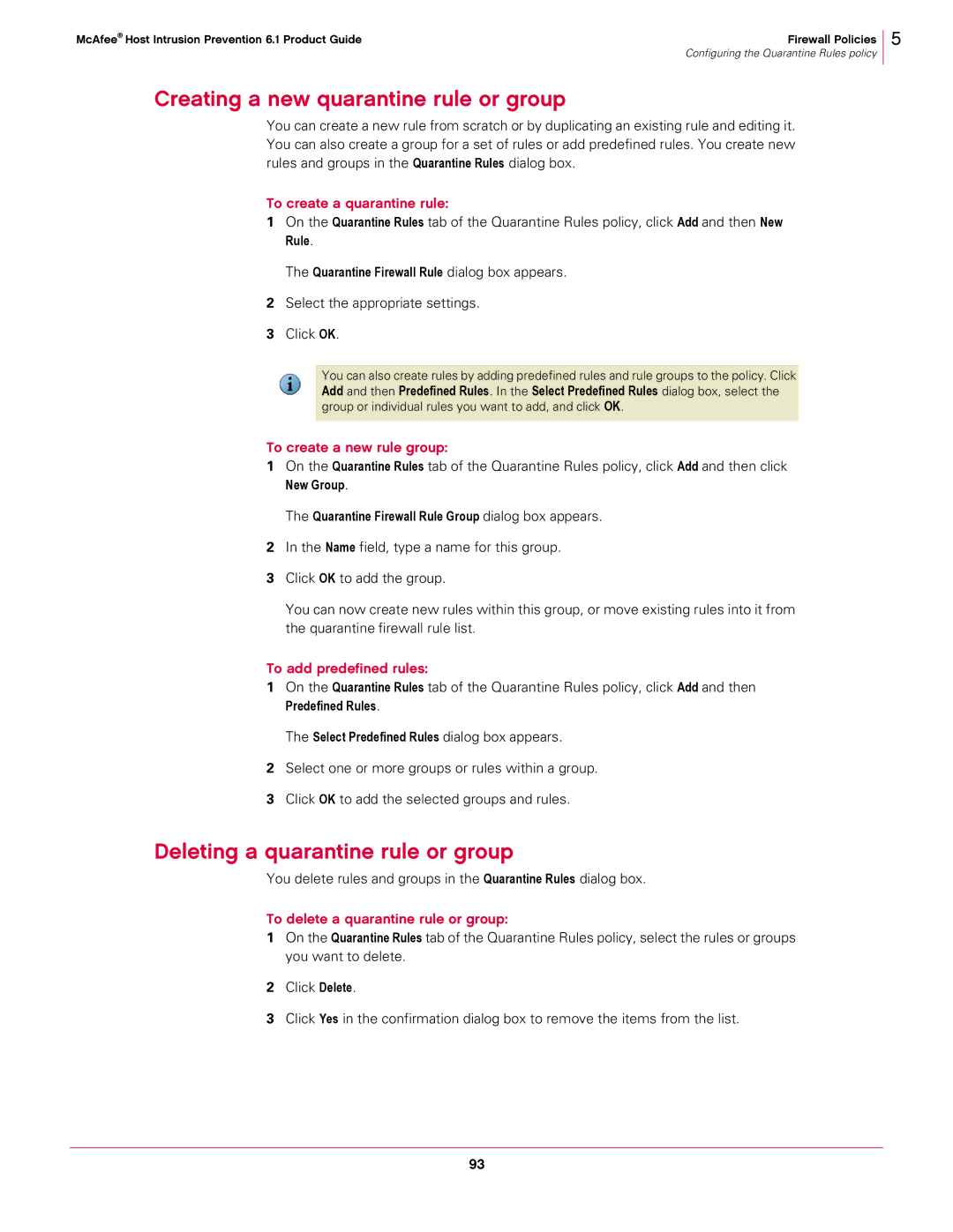 McAfee 6.1 manual Creating a new quarantine rule or group, Deleting a quarantine rule or group, To create a quarantine rule 