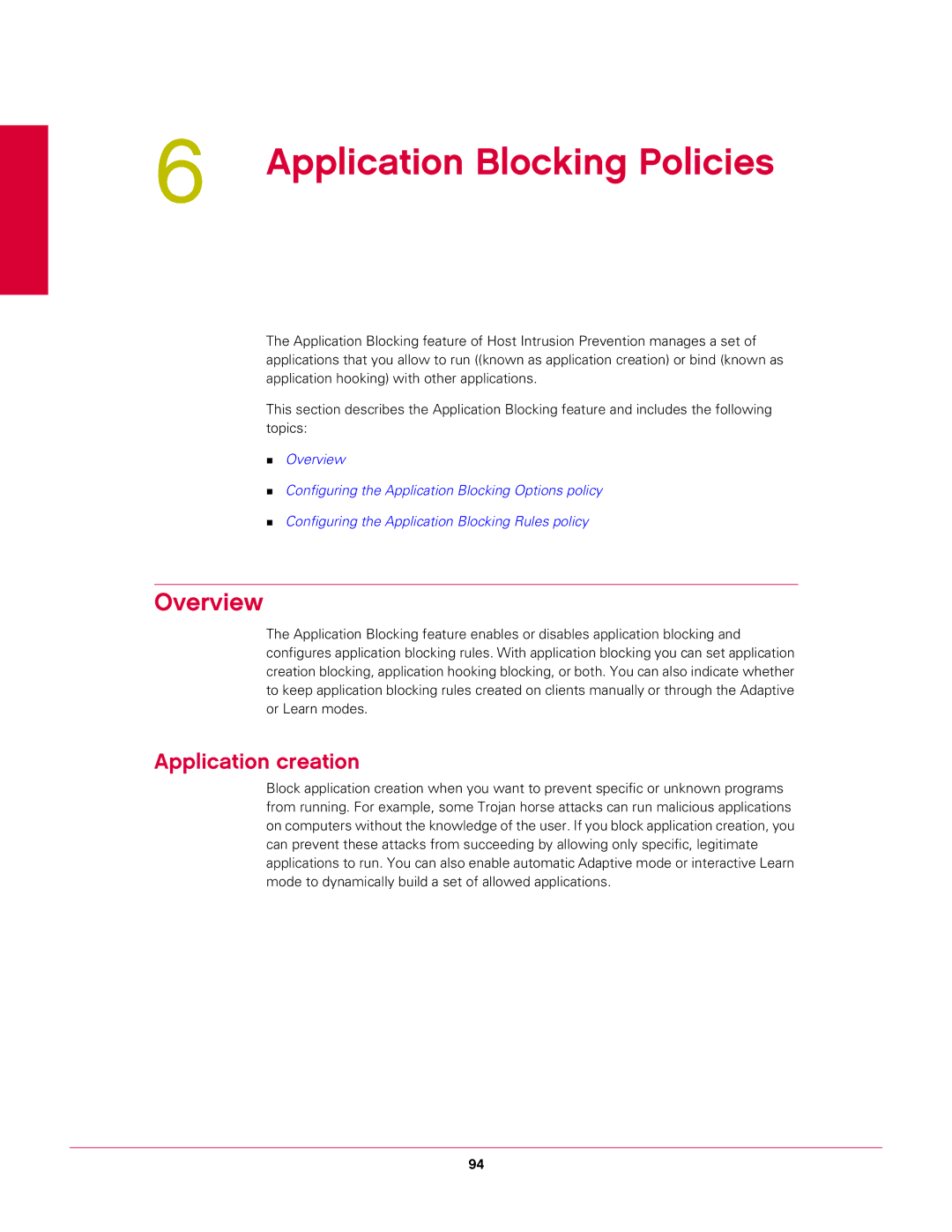 McAfee 6.1 manual Application Blocking Policies, Application creation 