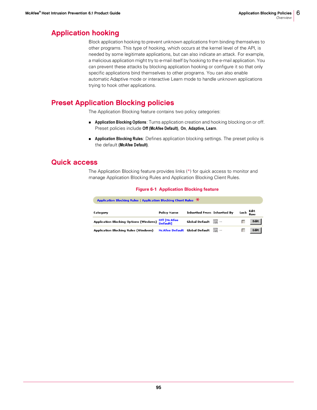 McAfee 6.1 manual Application hooking, Preset Application Blocking policies 