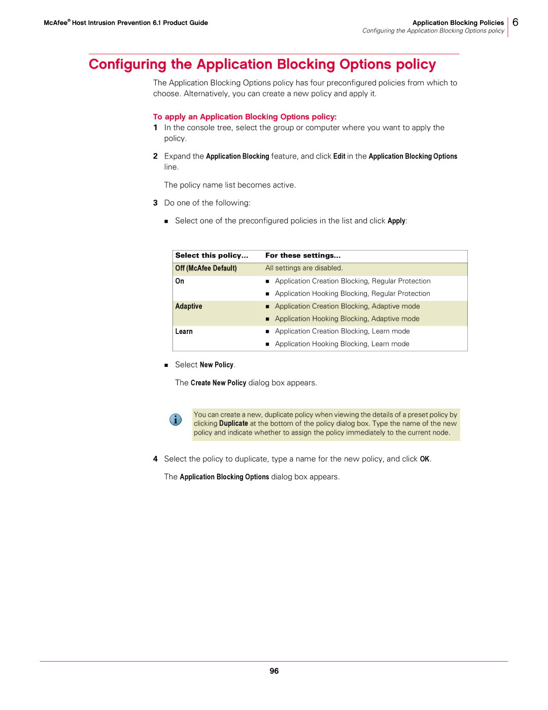McAfee 6.1 manual Configuring the Application Blocking Options policy, To apply an Application Blocking Options policy 