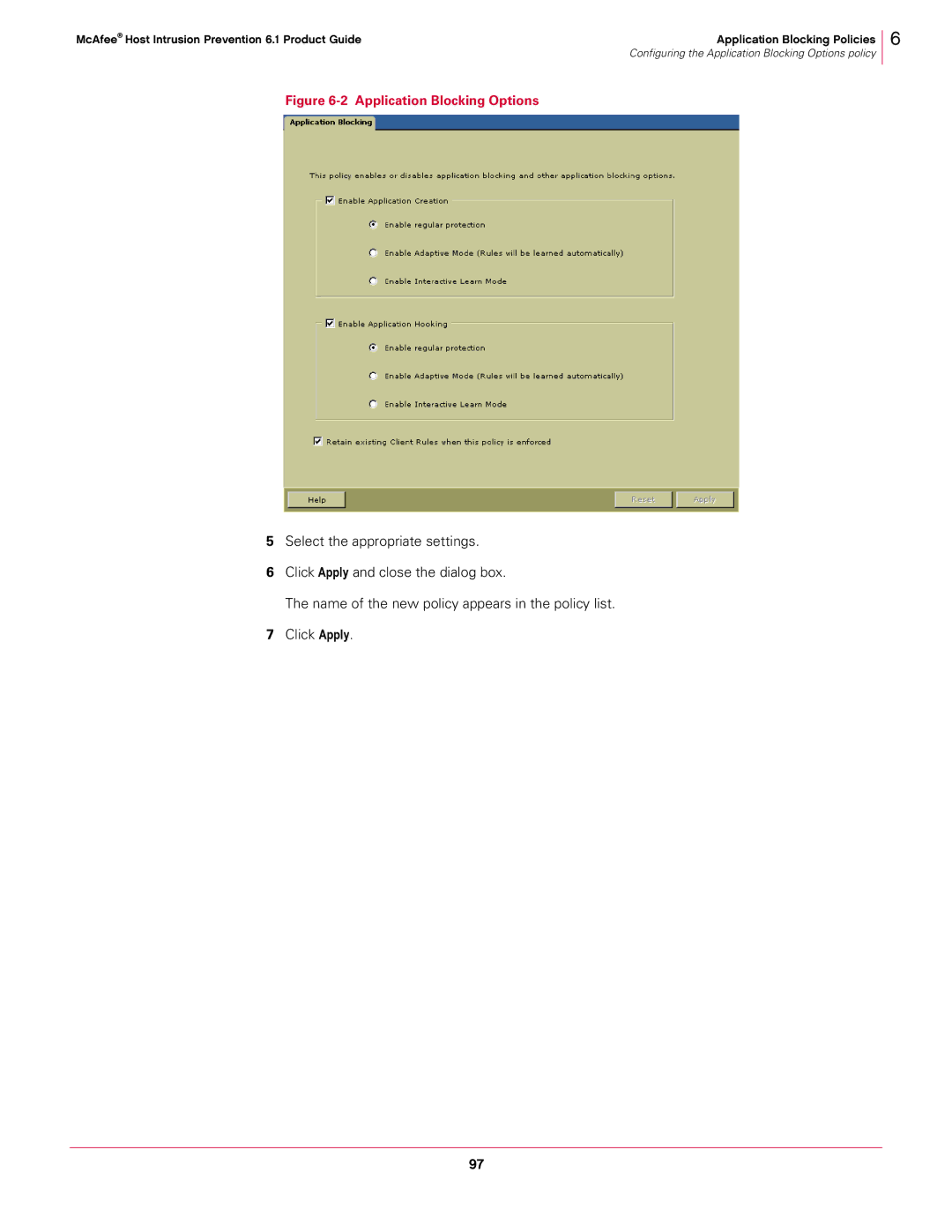 McAfee 6.1 manual Application Blocking Options 