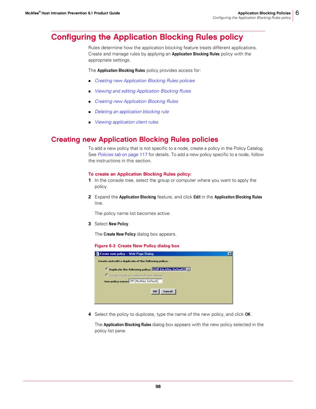 McAfee 6.1 manual Configuring the Application Blocking Rules policy, Creating new Application Blocking Rules policies 
