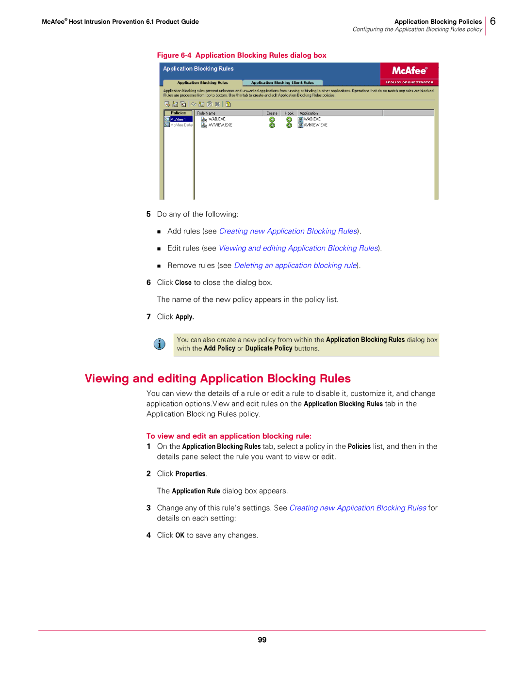 McAfee 6.1 manual Viewing and editing Application Blocking Rules, To view and edit an application blocking rule 