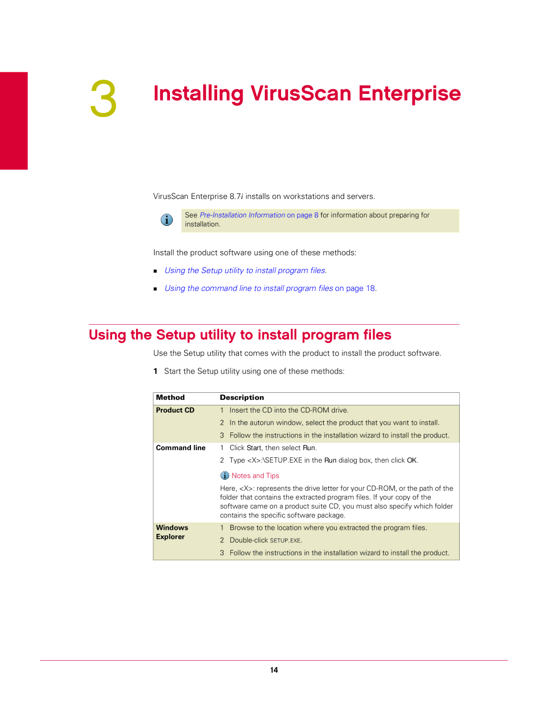 McAfee 8.7I manual Installing VirusScan Enterprise, Using the Setup utility to install program files 