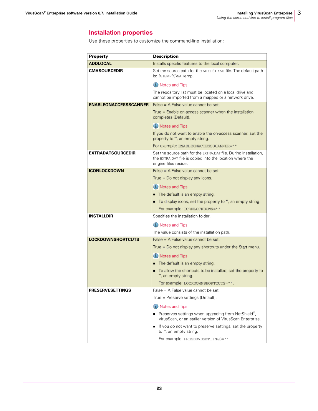 McAfee 8.7I manual Property Description 