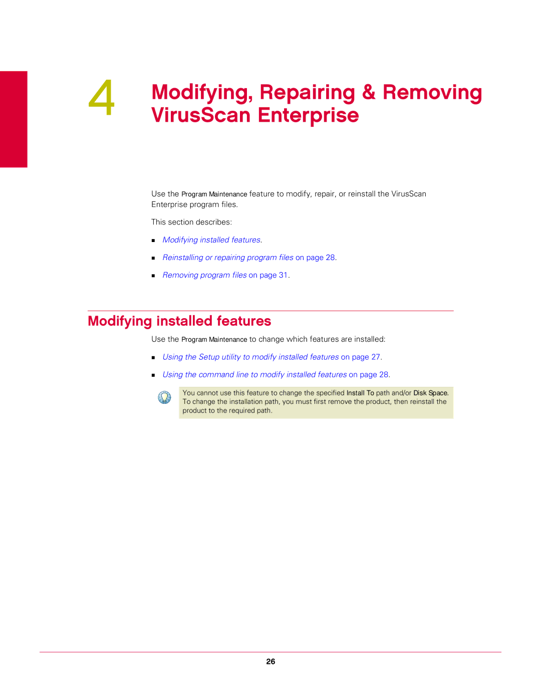 McAfee 8.7I manual Modifying, Repairing & Removing VirusScan Enterprise, Modifying installed features 