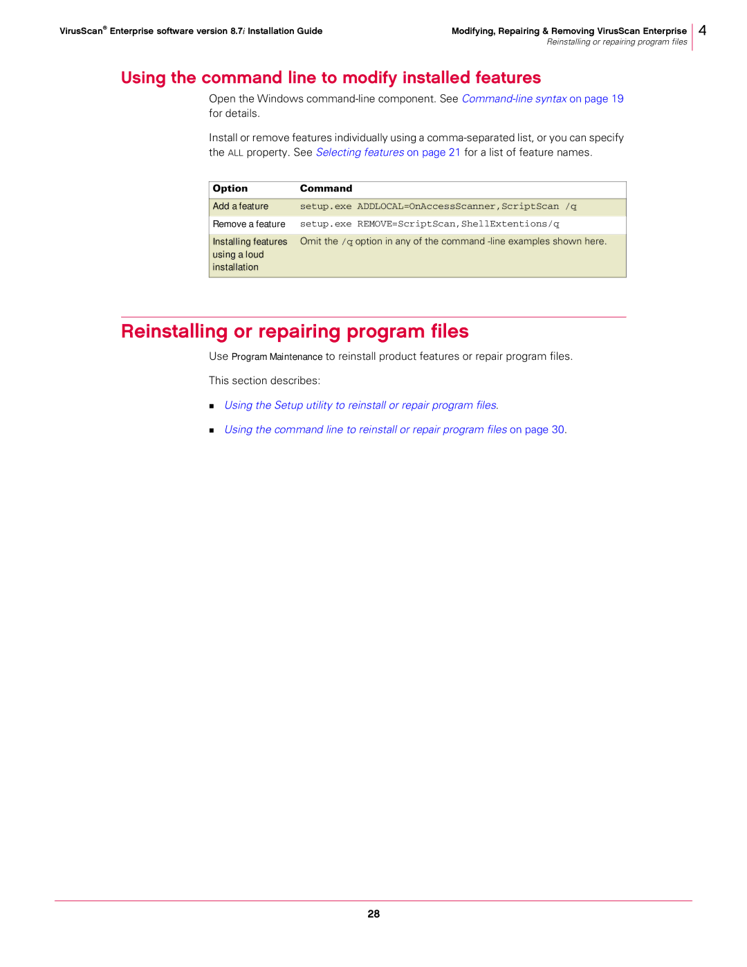 McAfee 8.7I Reinstalling or repairing program files, Using the command line to modify installed features, Option Command 