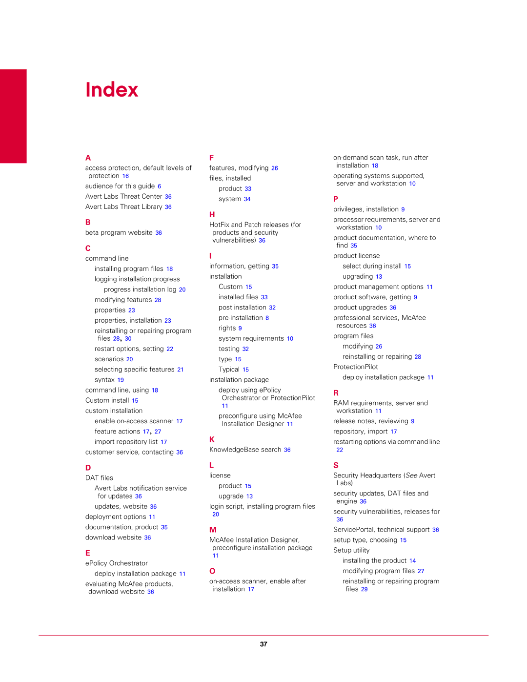 McAfee 8.7I manual Index 