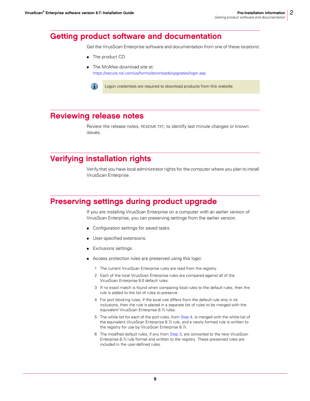 McAfee 8.7I manual Getting product software and documentation, Reviewing release notes, Verifying installation rights 