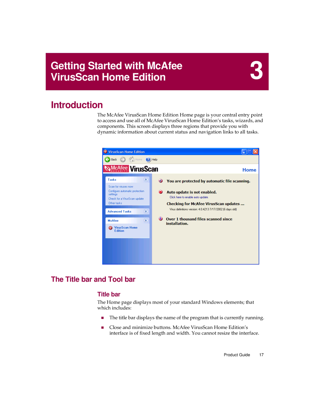 McAfee Version 7.0 manual Title bar and Tool bar 