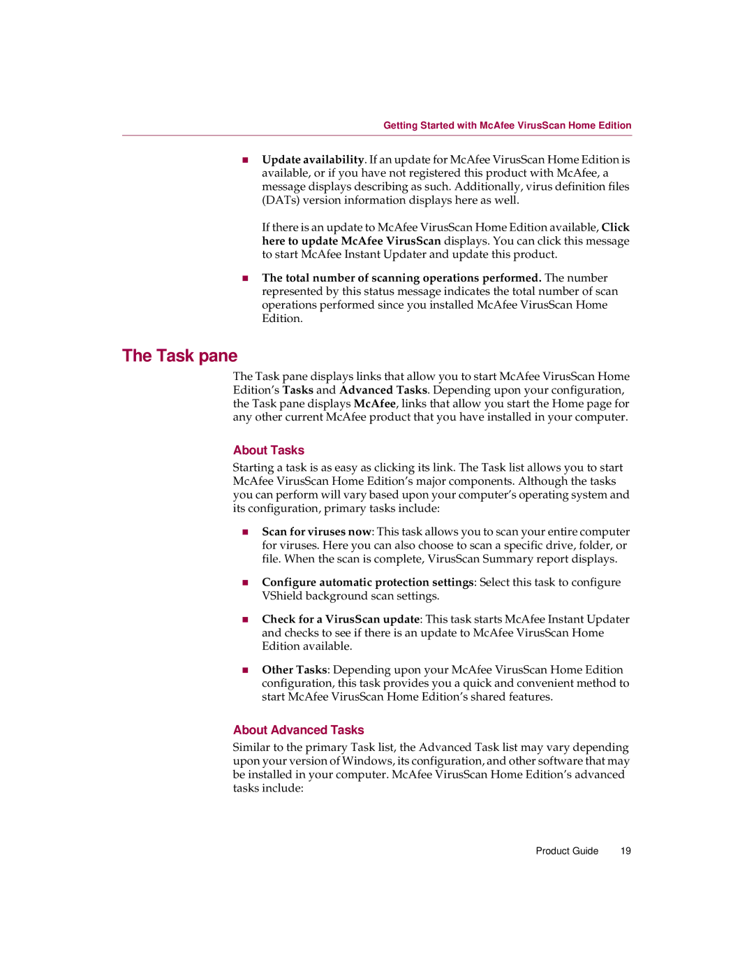 McAfee Version 7.0 manual Task pane, About Tasks, About Advanced Tasks 