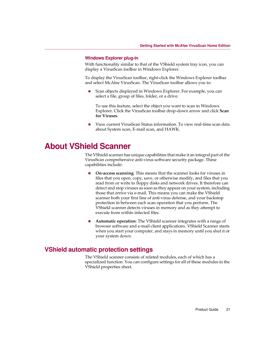 McAfee Version 7.0 manual About VShield Scanner, VShield automatic protection settings, Windows Explorer plug-in 