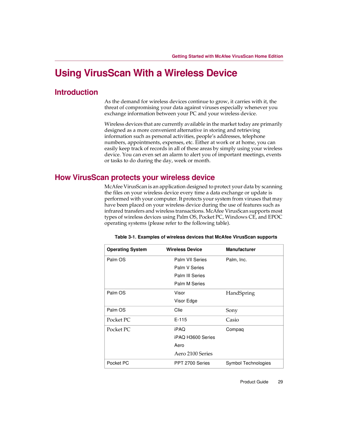 McAfee Version 7.0 manual Using VirusScan With a Wireless Device, Introduction, How VirusScan protects your wireless device 