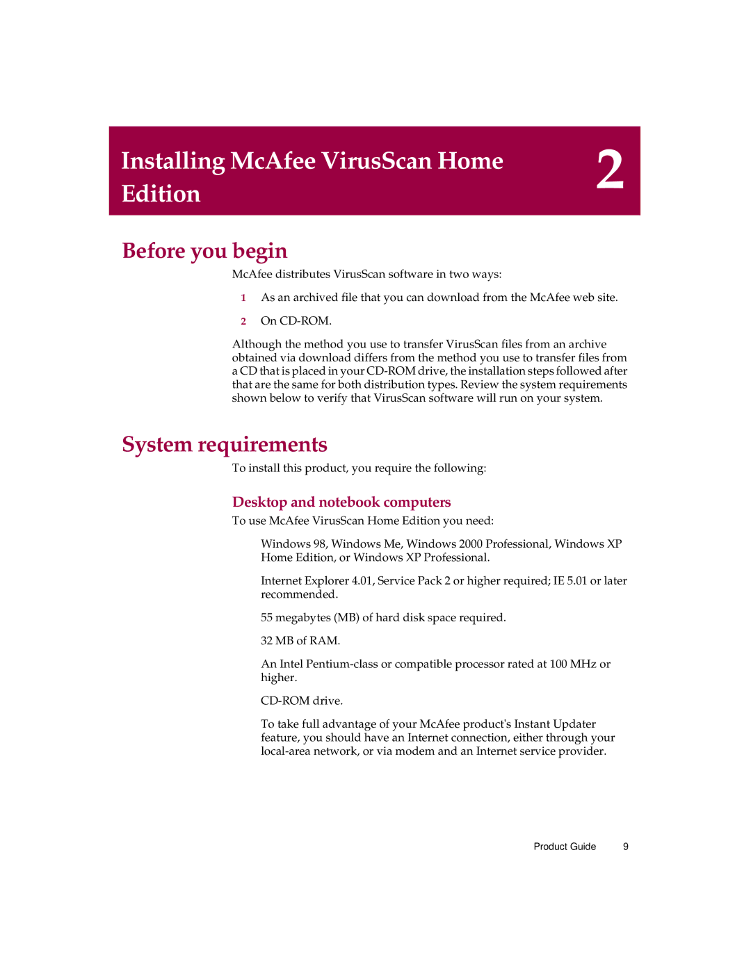 McAfee Version 7.0 manual Before you begin, System requirements, Desktop and notebook computers 