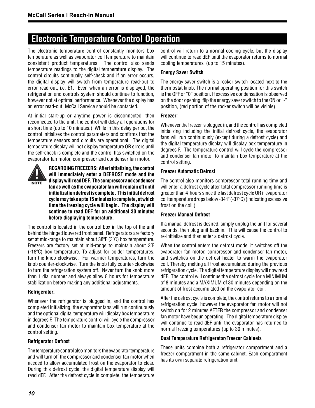 McCall Refrigeration MCCR1-S manual Electronic Temperature Control Operation 