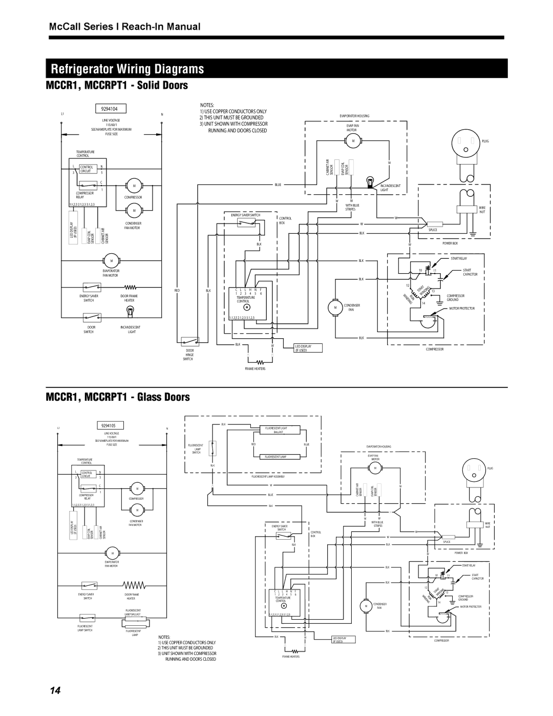 McCall Refrigeration MCCR1-S manual MCCR1, MCCRPT1 Solid Doors, MCCR1, MCCRPT1 Glass Doors 