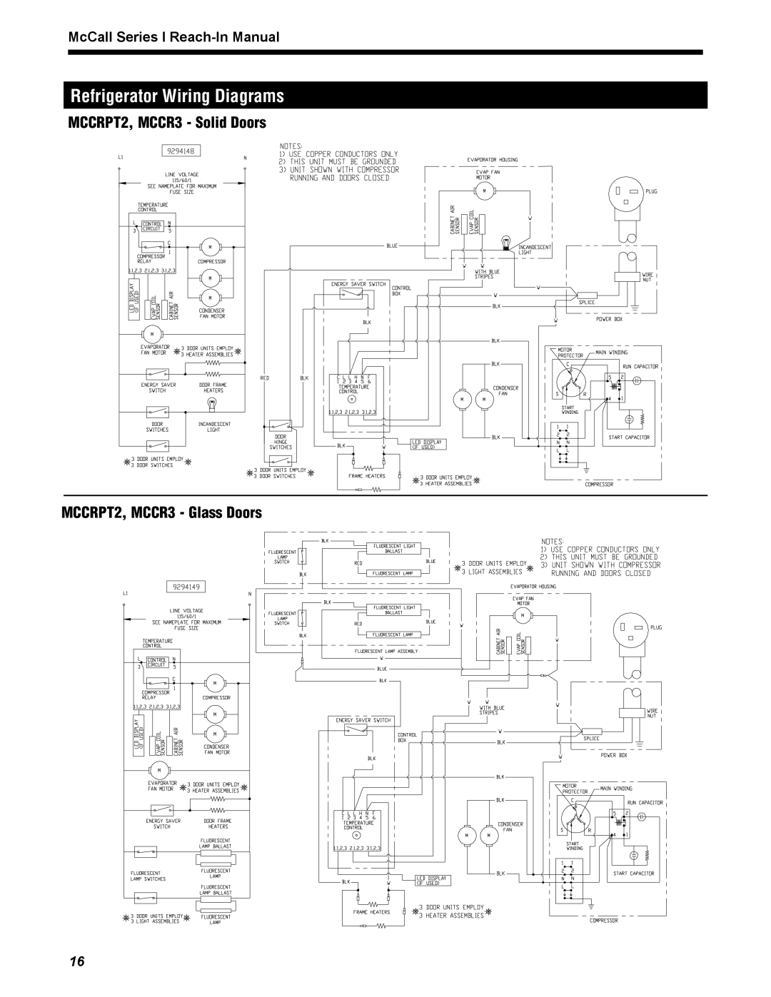 McCall Refrigeration MCCR1-S manual MCCRPT2, MCCR3 Solid Doors MCCRPT2, MCCR3 Glass Doors 