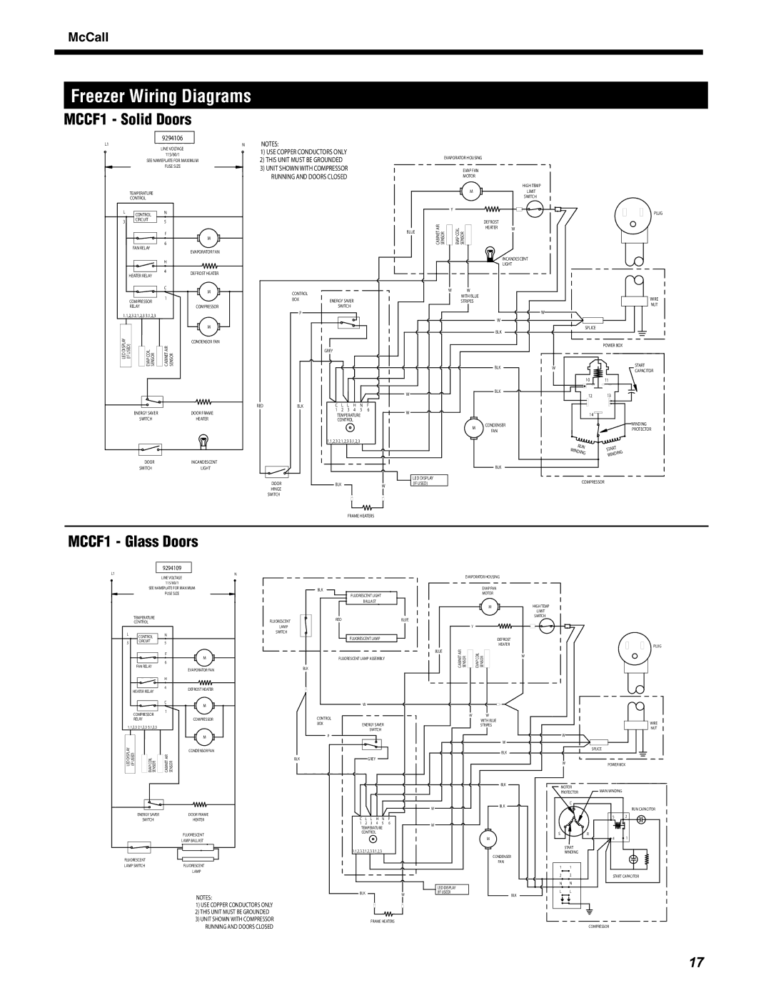 McCall Refrigeration MCCR1-S manual Freezer Wiring Diagrams, MCCF1 Solid Doors 