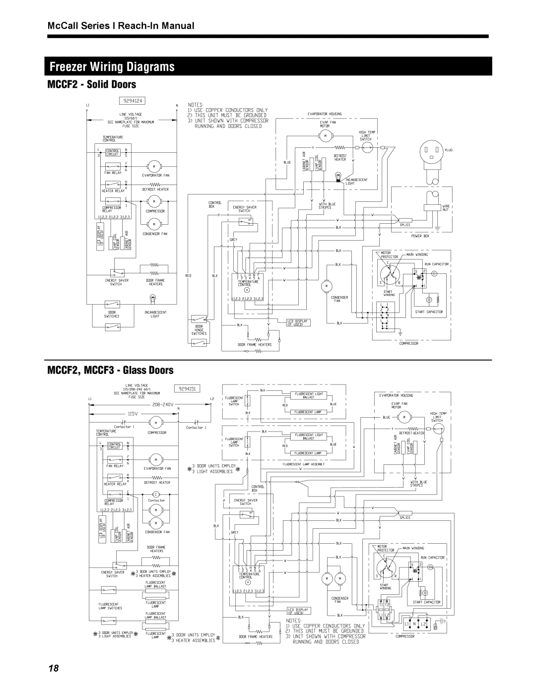 McCall Refrigeration MCCR1-S manual Freezer Wiring Diagrams 