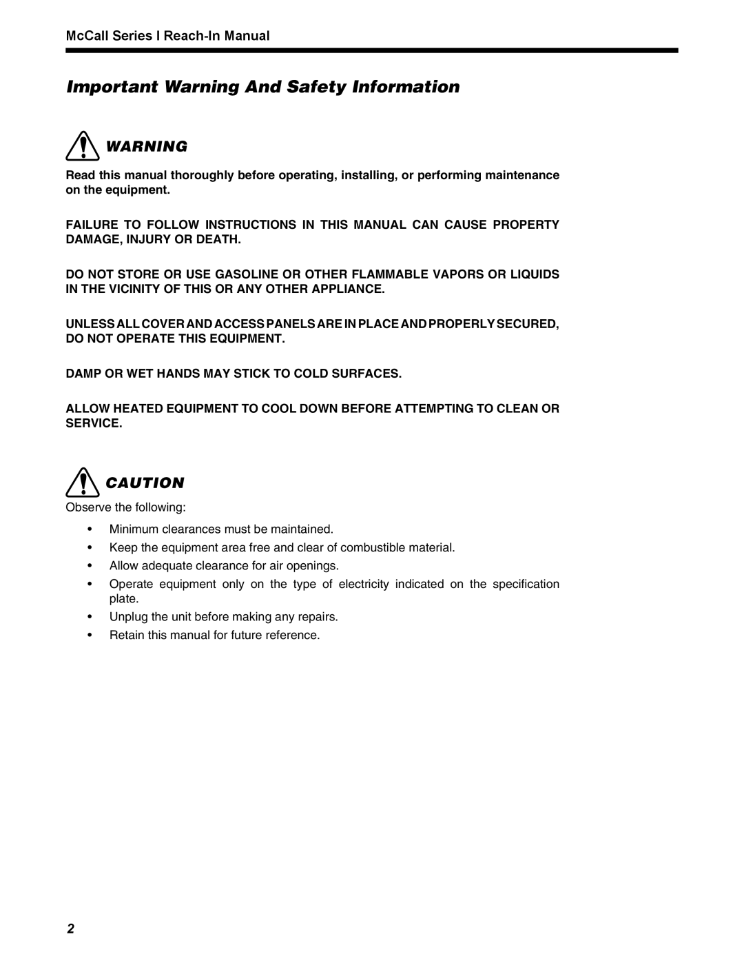 McCall Refrigeration MCCR1-S manual Important Warning And Safety Information 