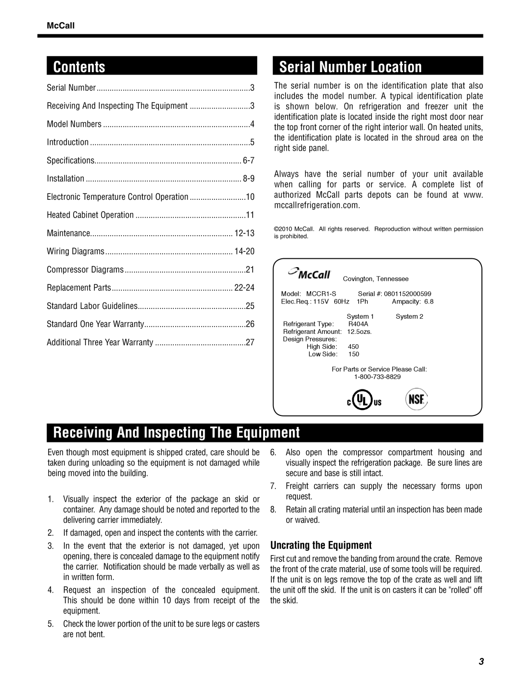 McCall Refrigeration MCCR1-S manual Contents, Serial Number Location, Receiving And Inspecting The Equipment 