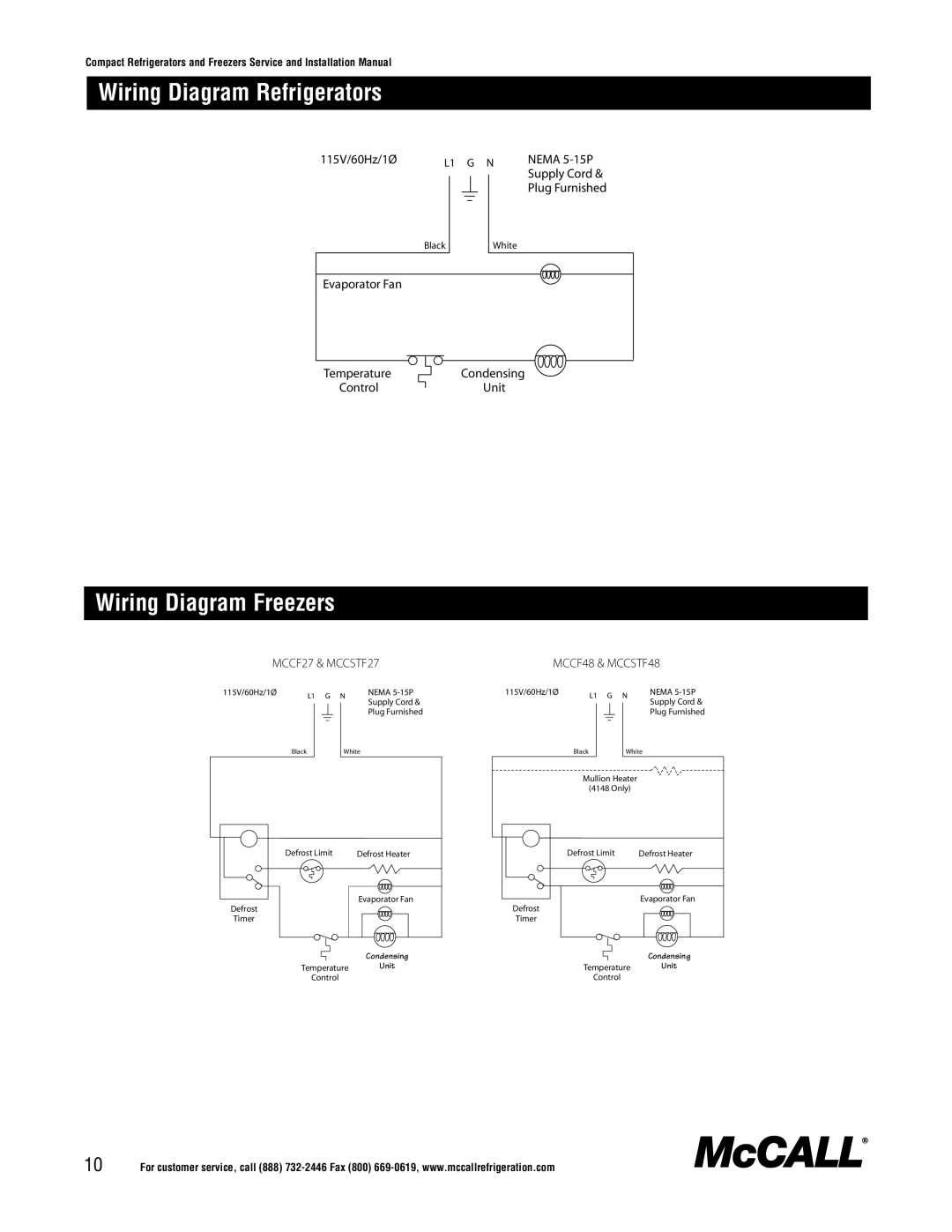 McCall Refrigeration MCCR48, MCCSTR48, MCCSTR27, MCCF48, MCCSTF48 manual Wiring Diagram Refrigerators, Wiring Diagram Freezers 