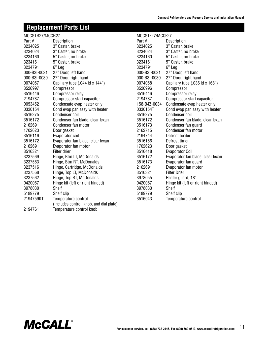 McCall Refrigeration MCCF48, MCCSTR48, MCCR48, MCCSTF48, MCCSTF27, MCCF27 manual Replacement Parts List, MCCSTR27/MCCR27 