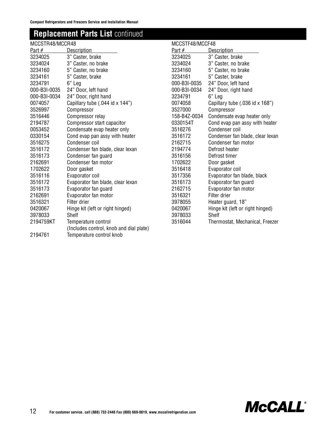 McCall Refrigeration MCCSTF48, MCCSTR27, MCCF48, MCCSTF27, MCCF27, MCCR27 manual MCCSTR48/MCCR48 