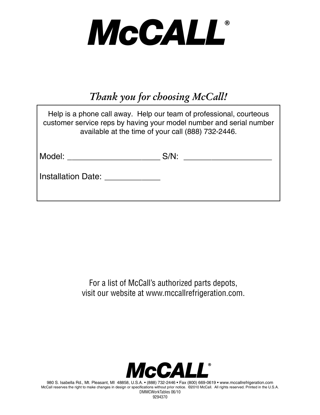 McCall Refrigeration MCCSTR48, MCCSTR27, MCCR48, MCCF48, MCCSTF48, MCCSTF27, MCCF27, MCCR27 manual Thank you for choosing McCall 