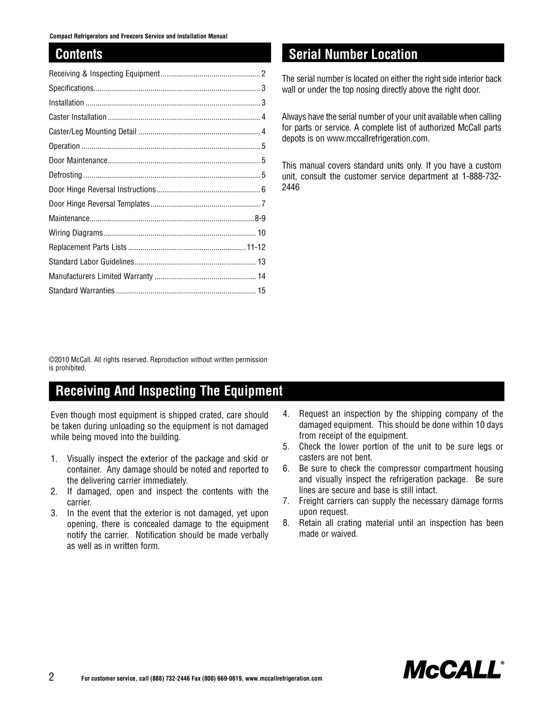 McCall Refrigeration MCCR48, MCCSTR48, MCCSTR27 Contents, Serial Number Location, Receiving And Inspecting The Equipment 