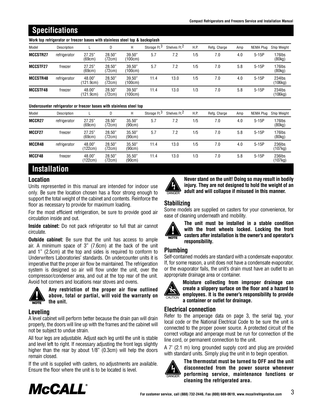 McCall Refrigeration MCCF48, MCCSTR48, MCCSTR27, MCCR48 manual Specifications, Installation, Container or outlet for drainage 