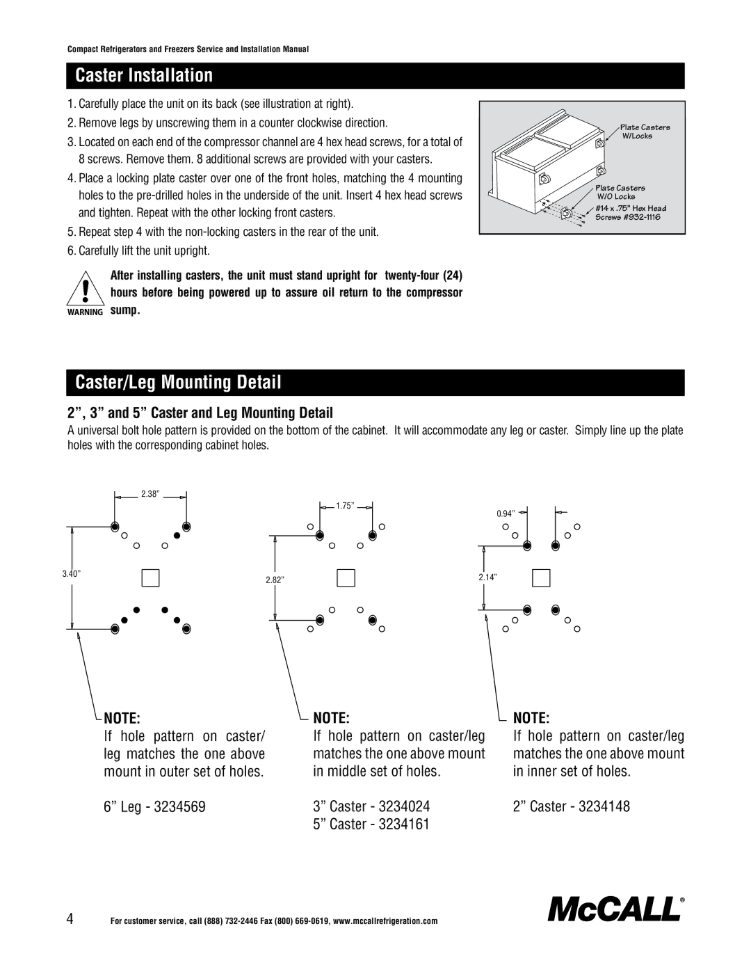 McCall Refrigeration MCCSTF48, MCCSTR48, MCCSTR27, MCCR48, MCCF48, MCCSTF27 Caster Installation, Caster/Leg Mounting Detail 