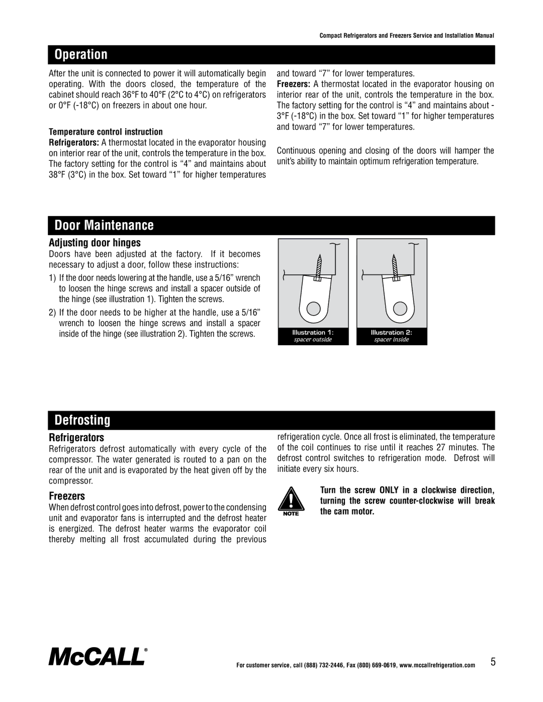 McCall Refrigeration MCCSTF27, MCCSTR48, MCCSTR27 Operation, Door Maintenance, Defrosting, Temperature control instruction 