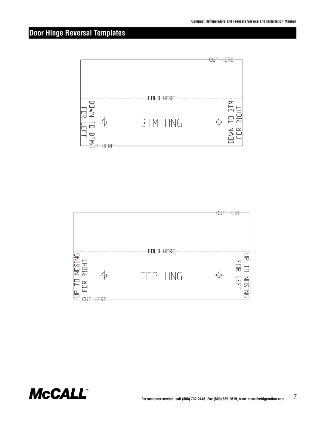 McCall Refrigeration MCCR27, MCCSTR48, MCCSTR27, MCCR48, MCCF48, MCCSTF48, MCCSTF27, MCCF27 manual Door Hinge Reversal Templates 