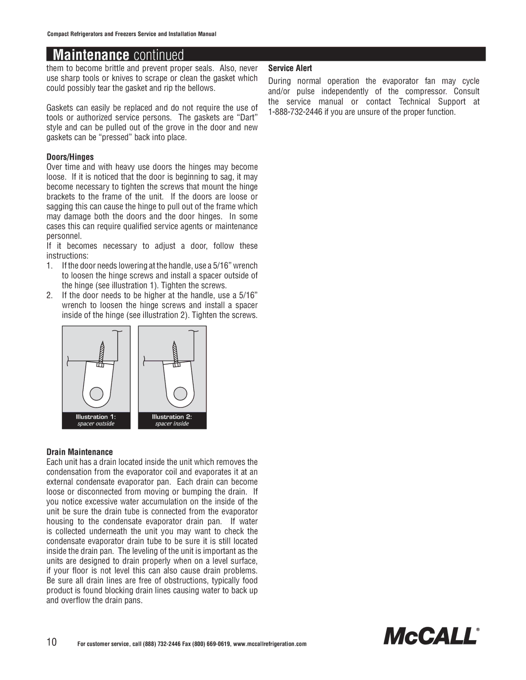 McCall Refrigeration MCCR48, MCCSTR48, MCCSTR27, MCCF48, MCCSTF48, MCCSTF27, MCCF27, MCCR27 manual Doors/Hinges, Drain Maintenance 