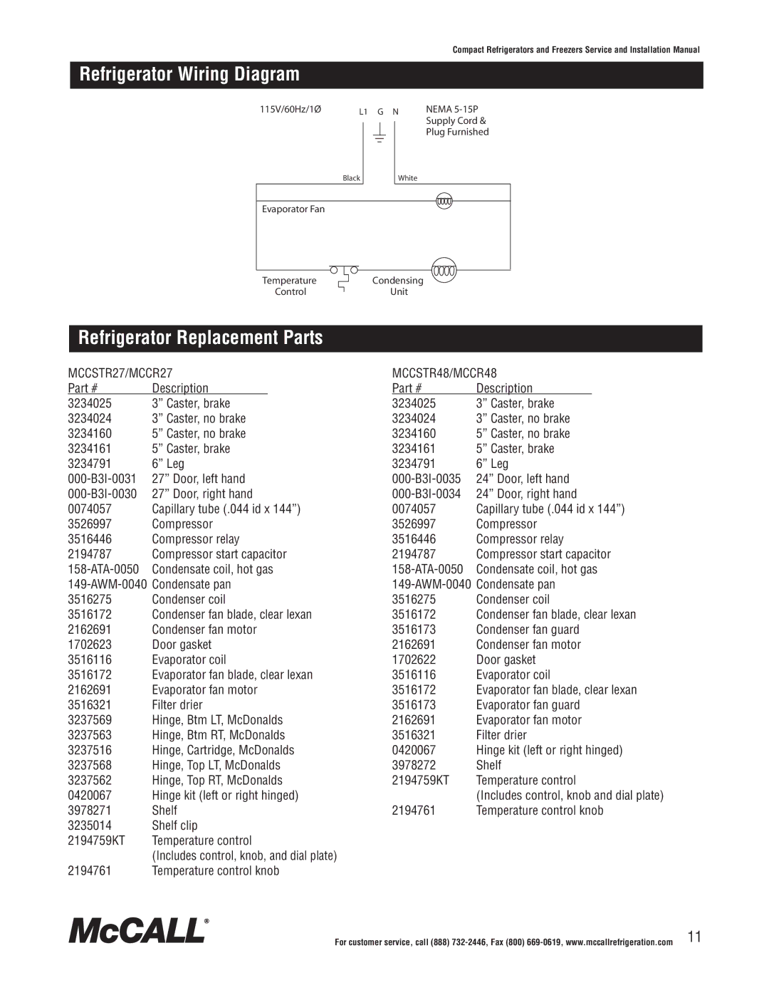 McCall Refrigeration MCCF48, MCCSTR48, MCCSTR27, MCCR48, MCCSTF48 Refrigerator Wiring Diagram, Refrigerator Replacement Parts 