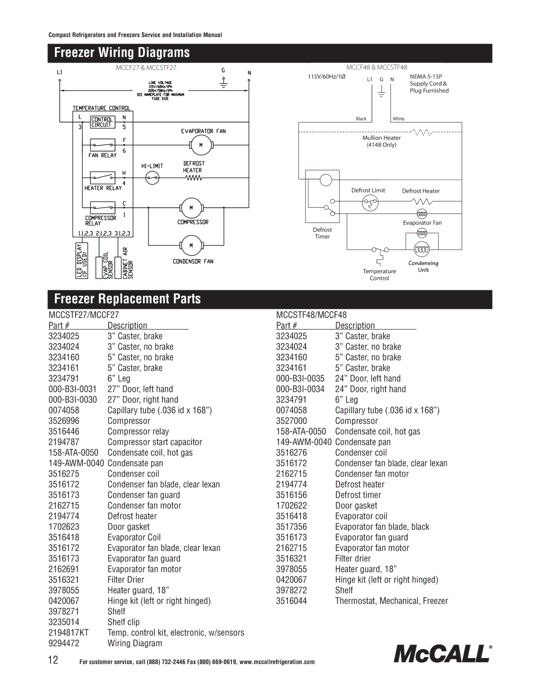 McCall Refrigeration MCCSTF48, MCCSTR48, MCCSTR27, MCCR48, MCCF48, MCCSTF27 Freezer Wiring Diagrams, Freezer Replacement Parts 