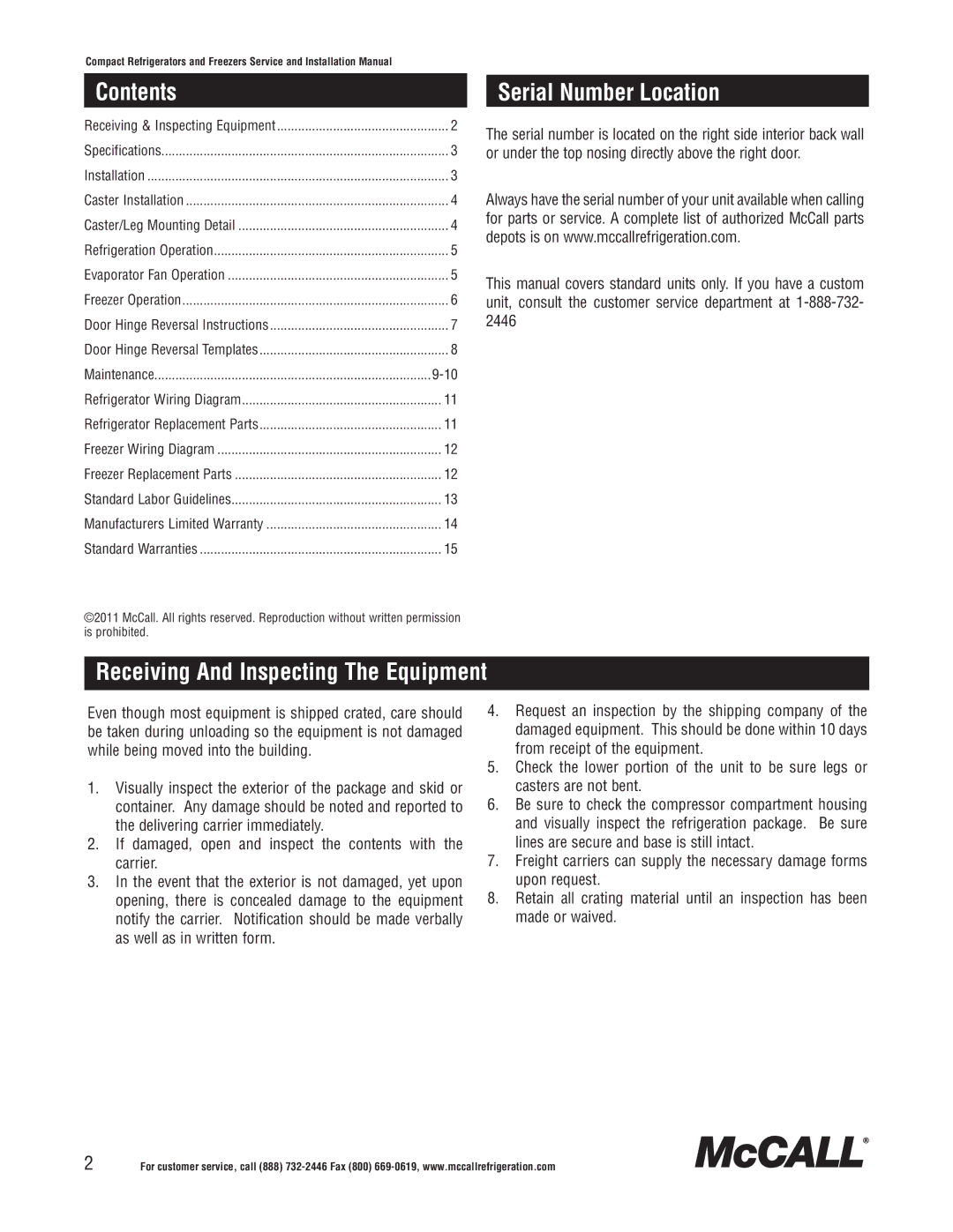 McCall Refrigeration MCCR48, MCCSTR48, MCCSTR27 Contents, Serial Number Location, Receiving And Inspecting The Equipment 