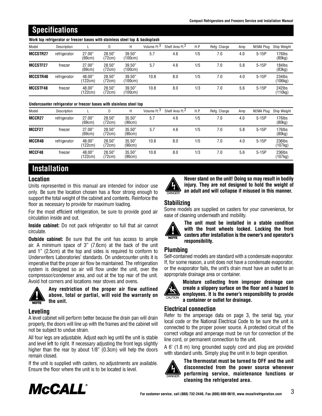 McCall Refrigeration MCCF48, MCCSTR48, MCCSTR27, MCCR48 manual Specifications, Installation, Container or outlet for drainage 