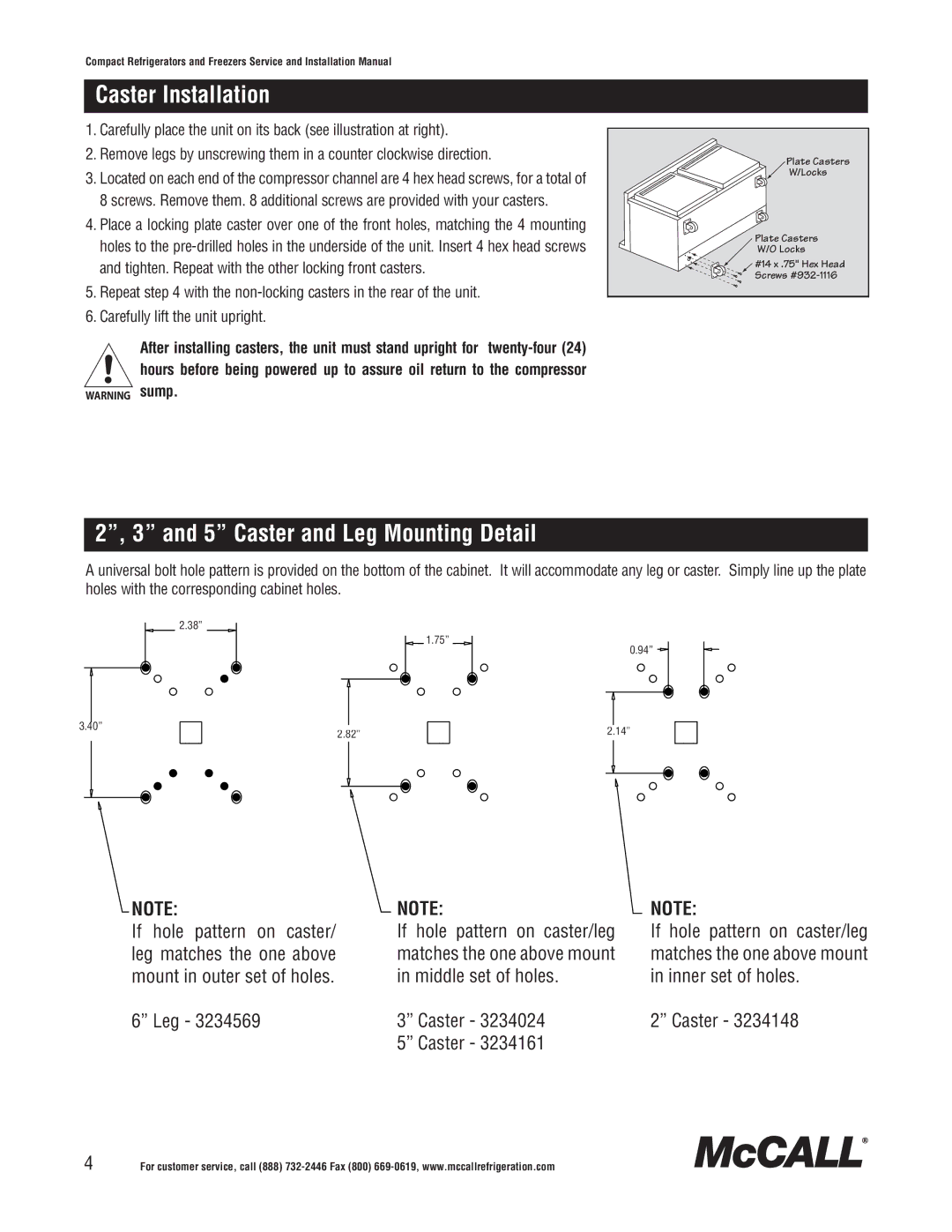 McCall Refrigeration MCCSTF48, MCCSTR48, MCCSTR27, MCCR48, MCCF48, MCCF27 Caster Installation, Caster and Leg Mounting Detail 