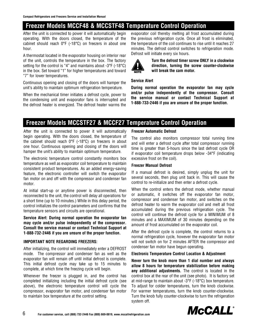 McCall Refrigeration MCCF27, MCCSTR48, MCCSTR27, MCCR48, MCCF48, MCCSTF48 Freezer Automatic Defrost, Freezer Manual Defrost 