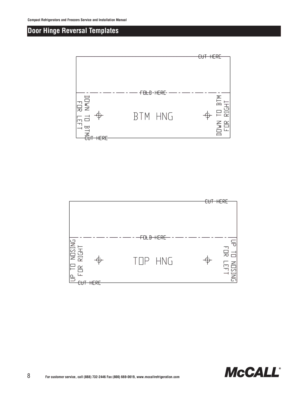 McCall Refrigeration MCCSTR48, MCCSTR27, MCCR48, MCCF48, MCCSTF48, MCCSTF27, MCCF27, MCCR27 manual Door Hinge Reversal Templates 