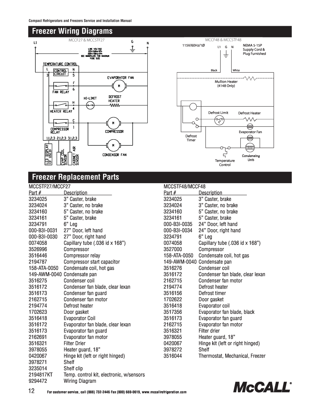 McCall Refrigeration MCCSTF48, MCCSTR48, MCCSTR27, MCCR48, MCCF48 Freezer Wiring Diagrams, Freezer Replacement Parts, Series 