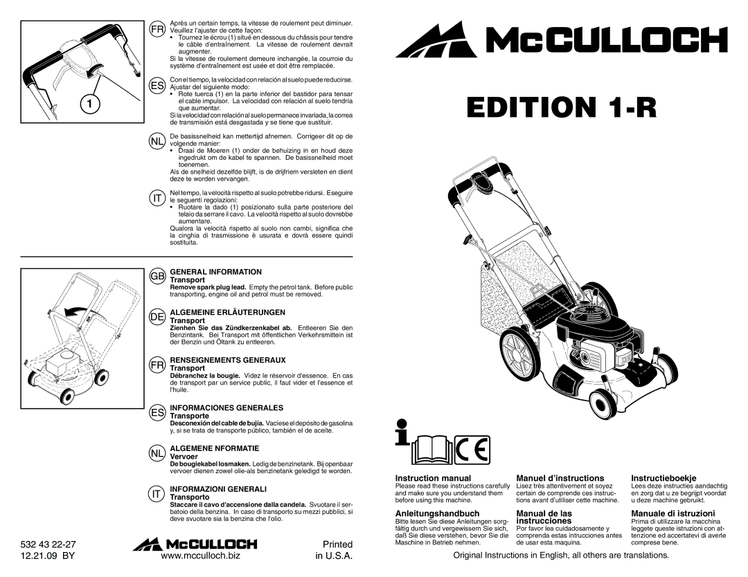 McCulloch 1-R instruction manual General Information, Algemeine Erläuterungen, Renseignements Generaux, Algemene Nformatie 