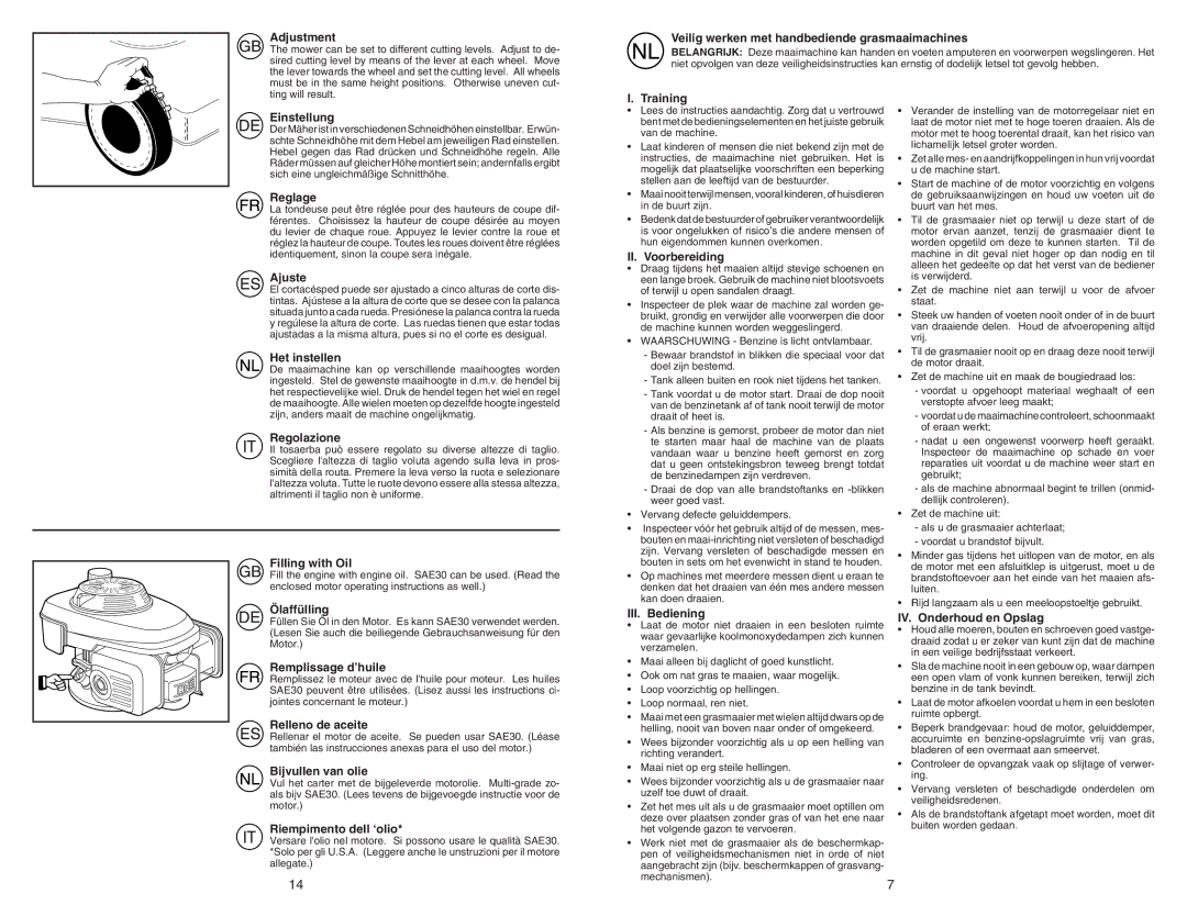 McCulloch 1-R Adjustment, Veilig werken met handbediende grasmaaimachines, Einstellung, Reglage, Ajuste, Het instellen 