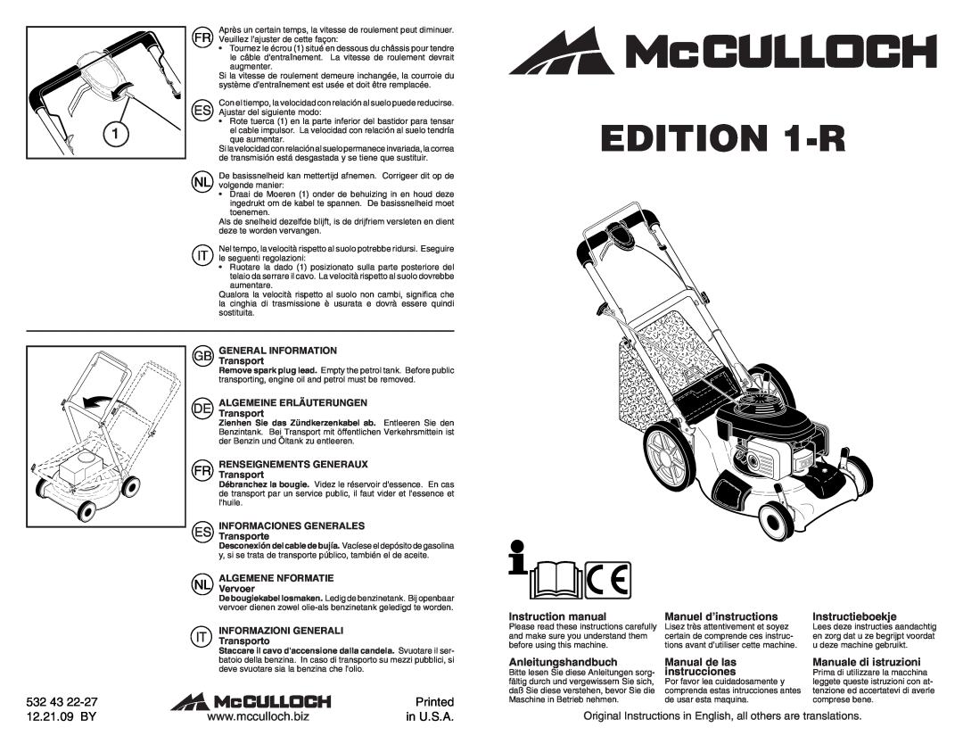 McCulloch instruction manual EDITION 1-R, 532, Printed, 12.21.09 BY, in U.S.A, Manuel d’instructions, Instructieboekje 