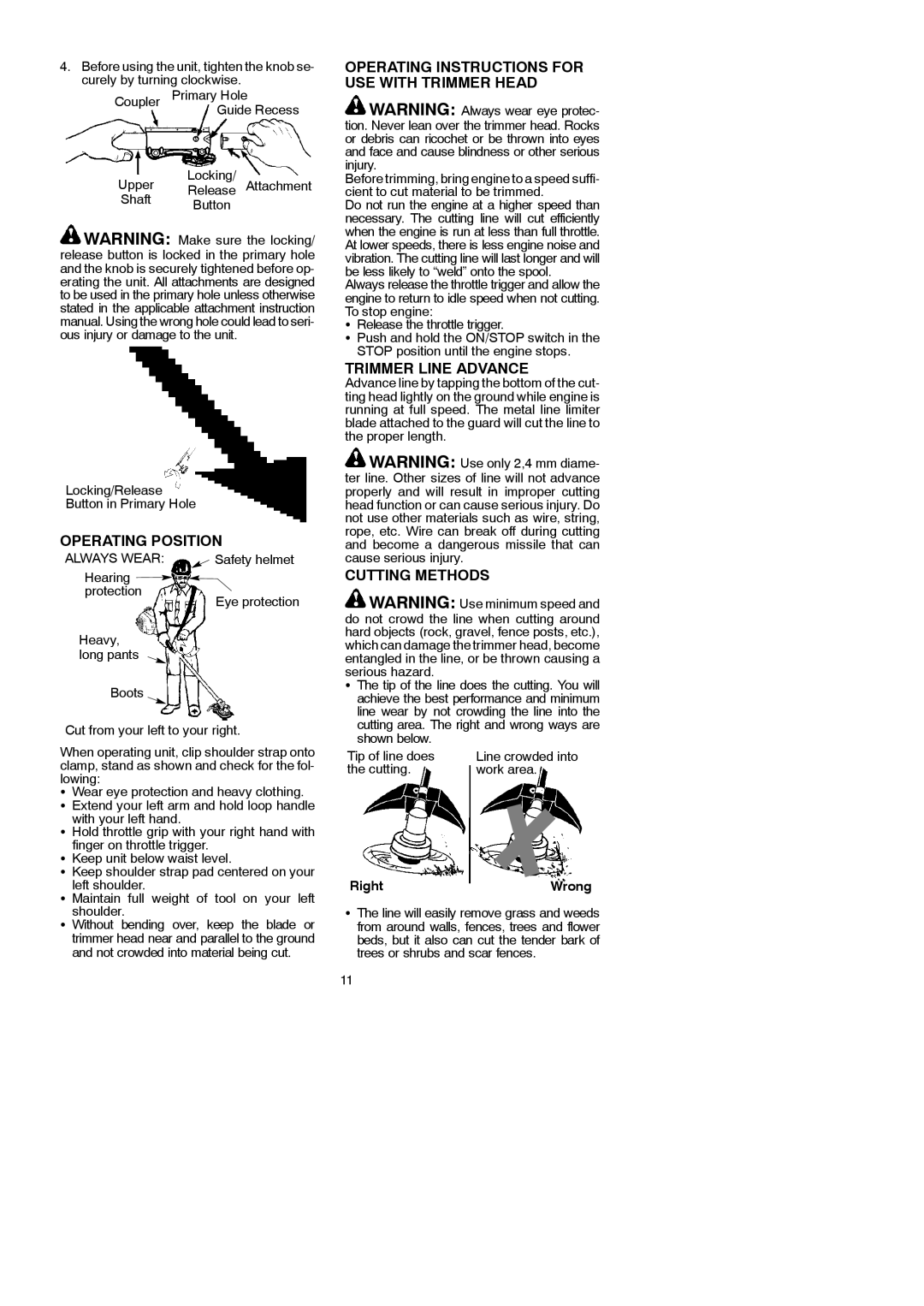 McCulloch 115249726 Operating Position, Operating Instructions for USE with Trimmer Head, Trimmer Line Advance, RightWrong 