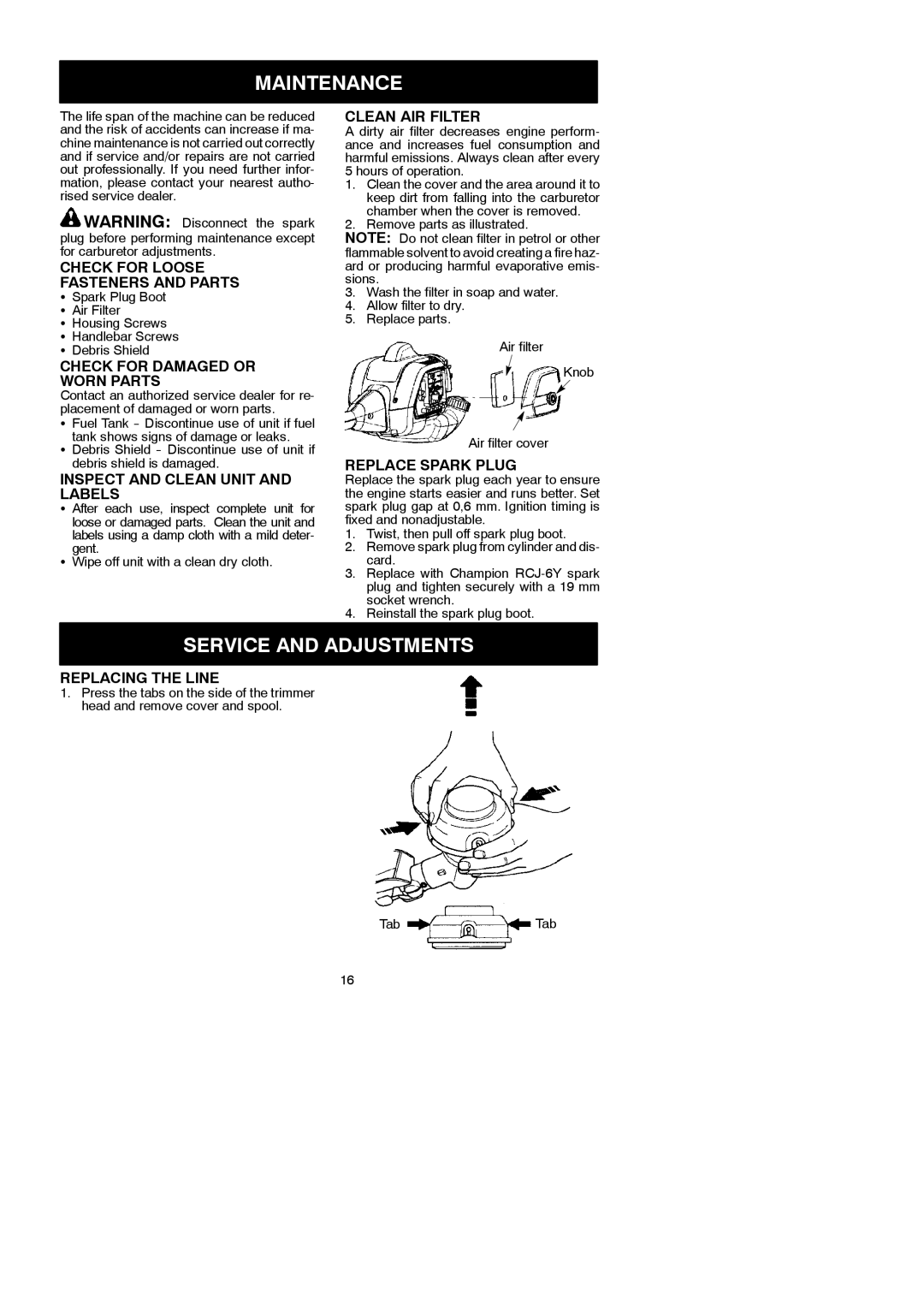 McCulloch 115249726 instruction manual Maintenance, Service and Adjustments 