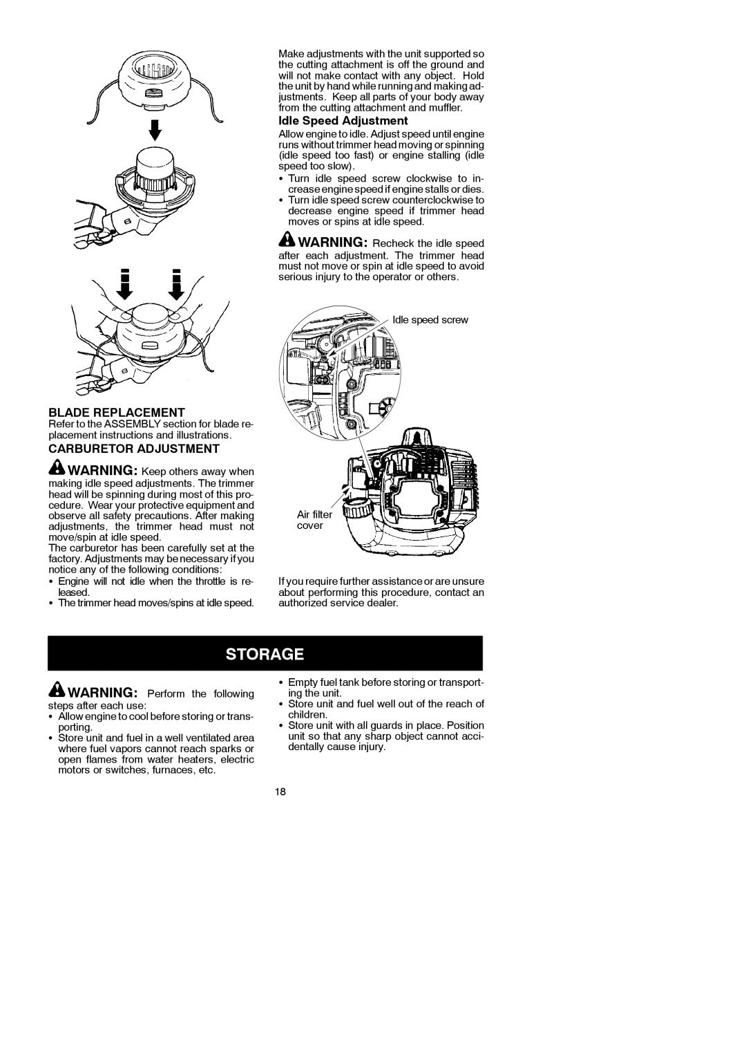 McCulloch 115249726 instruction manual Storage, Blade Replacement, Carburetor Adjustment, Porting 