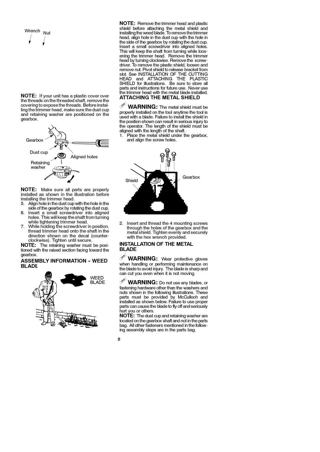 McCulloch 115249726 Attaching the Metal Shield, Assembly Information Weed Blade, Installation of the Metal Blade 